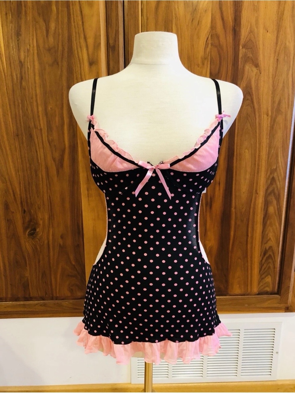 Victoria’s Secret NWT Pink Black Polka Dot Lingerie Set Babydoll 36C Limited Ed